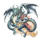 Demon fights dragon for glowing key  tattoo design idea