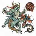 Demon fights dragon for glowing key  tattoo design idea