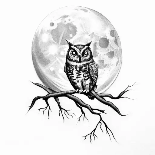 An elegant and detailed black and grey tattoo of an owl perched on a branch, with the moon shining brightly in the background tattoo design idea