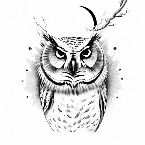 An elegant and detailed black and grey tattoo of an owl perched on a branch, with the moon shining brightly in the background tattoo design idea
