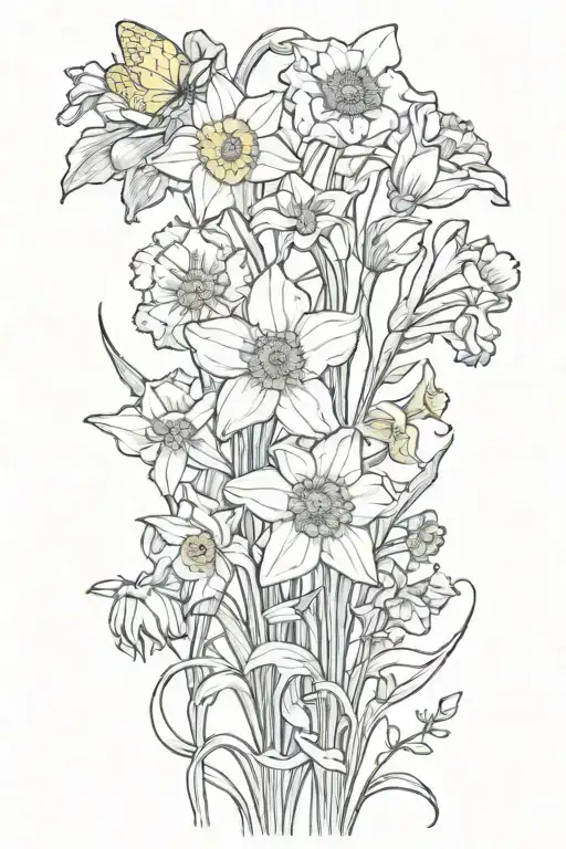 daffodil, poppy, daisy, gladiolus, vines, butterfly tattoo design idea