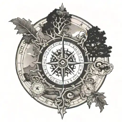 oak life of tree, left house, right inverted runes compass, surrounded sun tattoo design idea