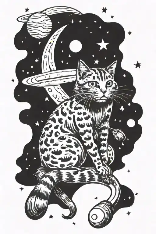 cat sitting on the moon in the space with planets tattoo design idea
