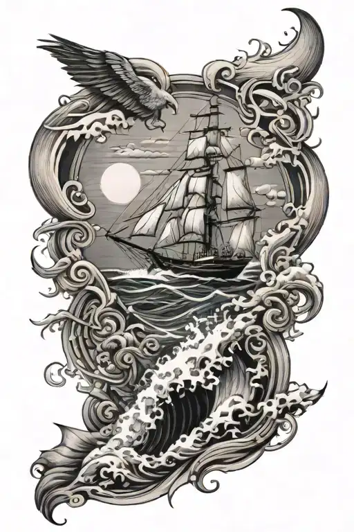 An intricate full sleeve design featuring crashing waves, a sail ship, and a lighthouse on forearm  tattoo design idea