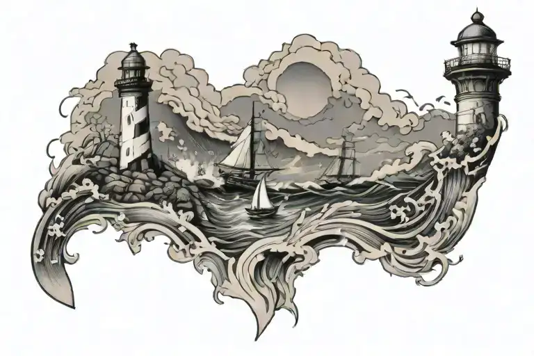 An intricate full sleeve design featuring crashing waves, a sail ship, and a lighthouse on forearm  tattoo design idea