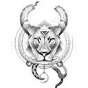 Powerful lioness with a snake wrapped around her tail, representing astrological strength tattoo design idea