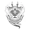 Powerful lioness with a snake wrapped around her tail, representing astrological strength tattoo design idea