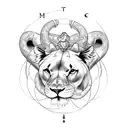 Powerful lioness with a snake wrapped around her tail, representing astrological strength tattoo design idea