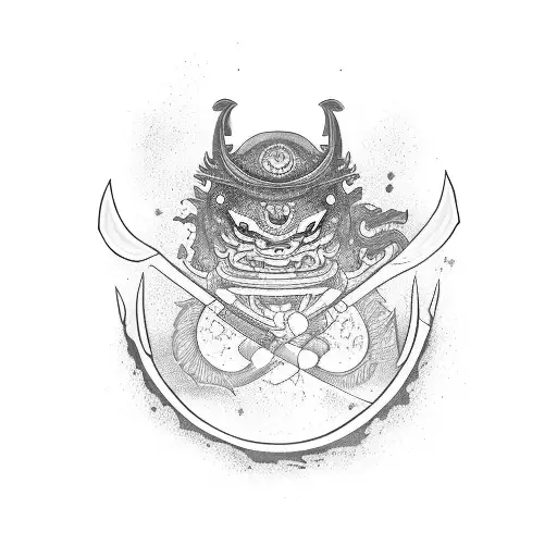 katana vertical con mascara oni y luna roja de fondo tattoo design idea