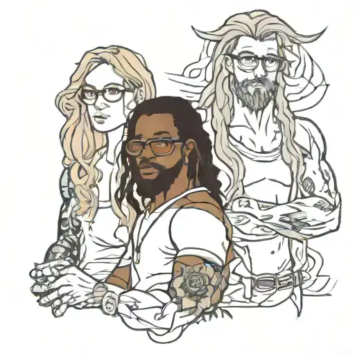 muscular black lover and skinny white girl with brown long hair and glasses tattoo design idea