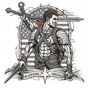 A modern interpretation of Saint Sebastian as a military soldier, with the American flag incorporated into the design tattoo design idea