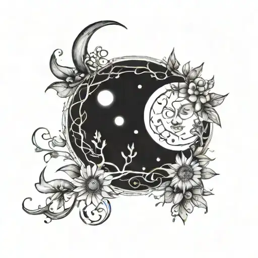A dotwork tattoo of a sun and moon entwined with vines and flowers representing the cycle of day and night tattoo design idea