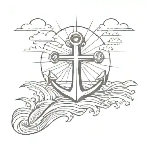 a sunset background with the waves then an anchor with a cross inside the anchor  tattoo design idea