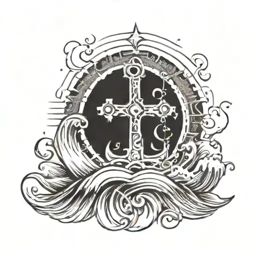 A Sunset Background With The Waves Then An Anchor With A Cross Inside The Anchor tattoo design idea