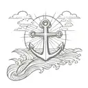 a sunset background with the waves then an anchor with a cross inside the anchor  tattoo design idea