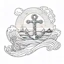 a sunset background with the waves then an anchor with a cross inside the anchor  tattoo design idea