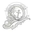 a sunset background with the waves then an anchor with a cross inside the anchor  tattoo design idea