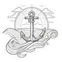 a sunset background with the waves then an anchor with a cross inside the anchor  tattoo design idea
