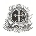 A Sunset Background With The Waves Then An Anchor With A Cross Inside The Anchor tattoo design idea