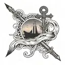 A Sunset Background With The Waves Then An Anchor With A Cross Inside The Anchor tattoo design idea