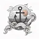 A Sunset Background With The Waves Then An Anchor With A Cross Inside The Anchor tattoo design idea