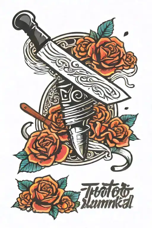 A tattoo design of a chef's knife and fork crossed over a microphone, with food items and rap lyrics incorporated into the background tattoo design idea