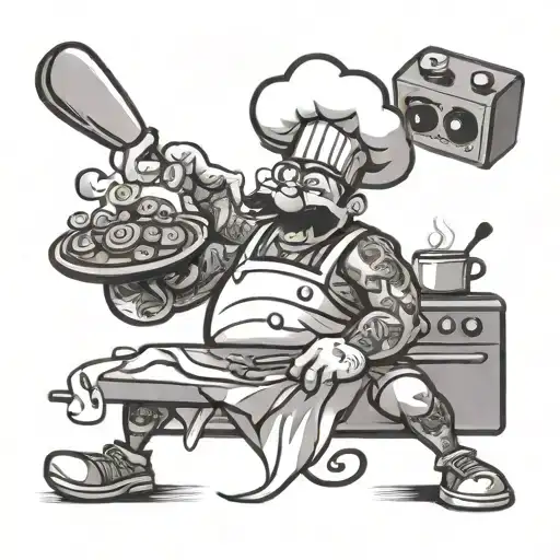 A tattoo design of a cartoon character cooking up a storm in the kitchen, surrounded by gaming symbols and rap lyrics tattoo design idea