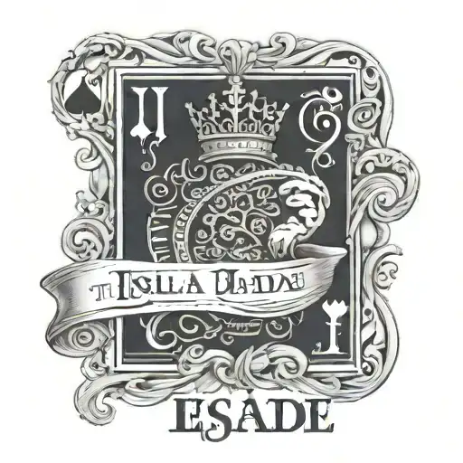 The name Isla Jade written on the king of hearts playing card with an islans and moon on it tattoo design idea
