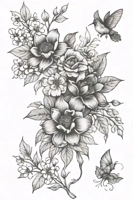 create tattoo with bouquet of birth flowers from january, march, may, june, september, october, november and december tattoo design idea