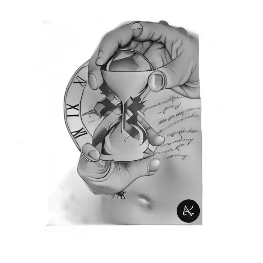 Hand holding hourglass 2025 tattoo