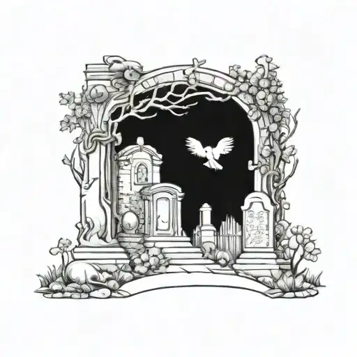 A cemetery scene with a unique twist, such as animals playing music among the tombstones tattoo design idea