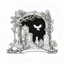 A cemetery scene with a unique twist, such as animals playing music among the tombstones tattoo design idea