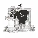 A cemetery scene with a unique twist, such as animals playing music among the tombstones tattoo design idea