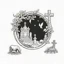 A cemetery scene with a unique twist, such as animals playing music among the tombstones tattoo design idea