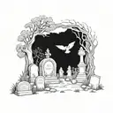 A cemetery scene with a unique twist, such as animals playing music among the tombstones tattoo design idea