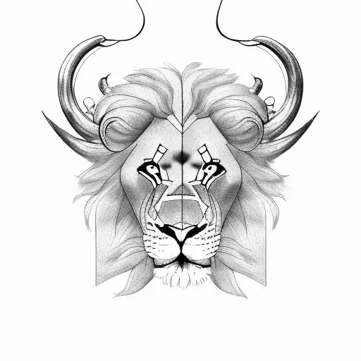 Lion, with horns, capricorn representation, dominant strong look tattoo design idea