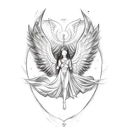 A sketch-style tattoo of a guardian angel watching over the names Tracy, JoJo, and Emmy, representing the love for family and their protection tattoo design idea