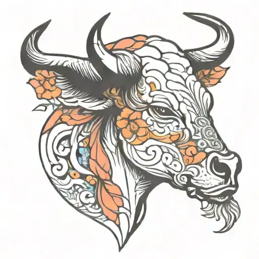 feminine bull head side profile  tattoo design idea