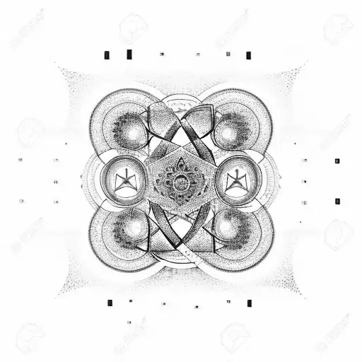 Binary code intertwined with sacred geometry symbols, symbolizing the balance between technology and spirituality tattoo design idea