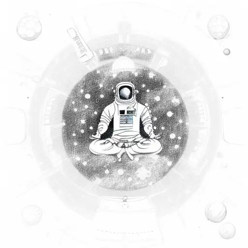 A sketch-style depiction of a meditating astronaut floating in space, embodying the harmony between the earthly and the cosmic tattoo design idea