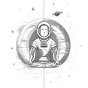 A sketch-style depiction of a meditating astronaut floating in space, embodying the harmony between the earthly and the cosmic tattoo design idea