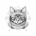Design a blackwork tattoo featuring a cat wearing a stylish HR hat tattoo design idea