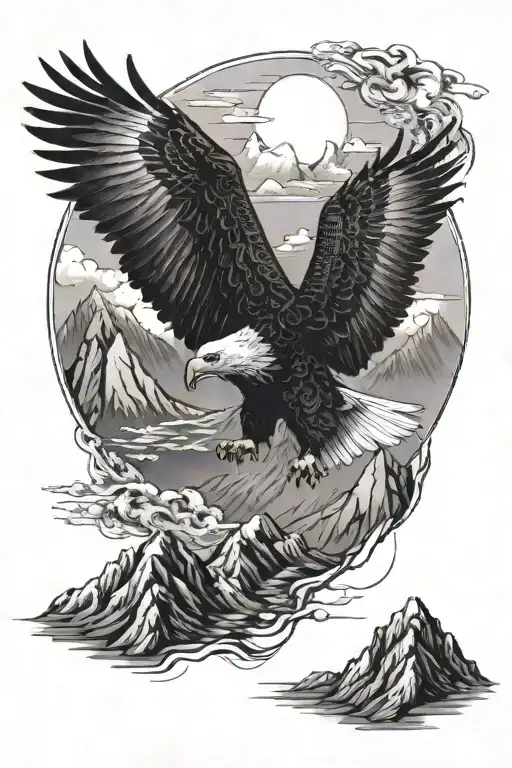 A majestic eagle flying over a mountain range, with political symbols subtly integrated into the design tattoo design idea