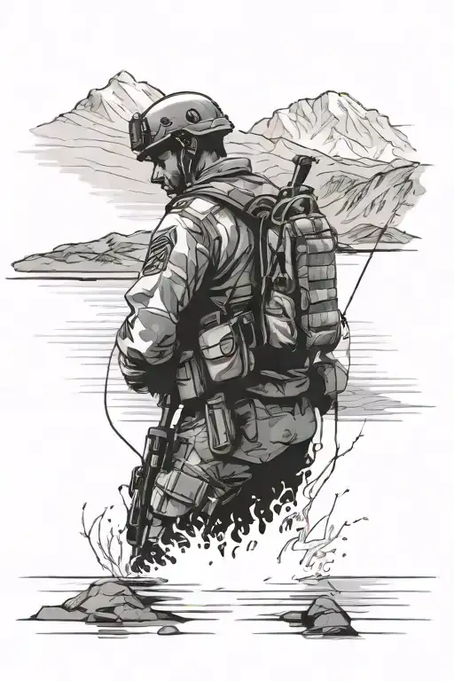 idf soldier standing Infront of a cliff and lake reflecting tattoo design idea