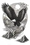A majestic eagle flying over a mountain range, with political symbols subtly integrated into the design tattoo design idea