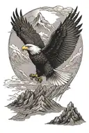 A majestic eagle flying over a mountain range, with political symbols subtly integrated into the design tattoo design idea