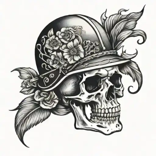 skull with WW1 french adrian helmet, lys flower tattoo design idea