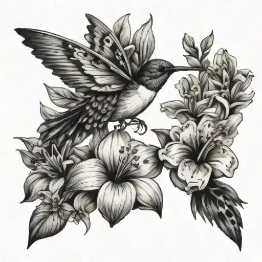 butterfly with hummingbird flying around flowers tattoo design idea