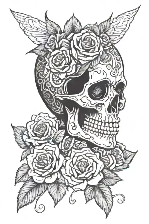 skull, roses, flowers, bikergirl, mandala, dotwork tattoo design idea