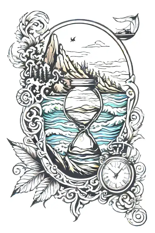 wind, band tattoo, travel, hour glass with waves and mountain along with time tattoo design idea